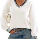 ATHMILE Womens Sweaters V Neck Long Sleeve Contrast Knit Casual Pullover Fall Winter Outfits Cute Tops 2026 (Medium, White)