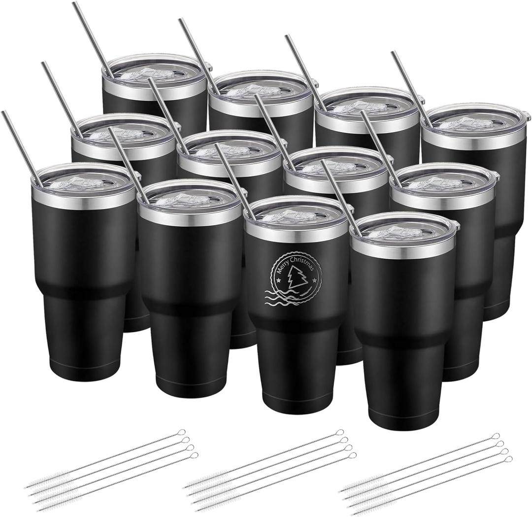 YOUKE OLA 12 Pack Insulated Tumbler Powder Coated Stainless Steel Double Wall Vacuum Travel Coffee Tumbler Cup with Lid and Straw for Laser Engrave DIY Gift 30oz Black