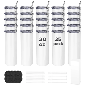 20 oz Sublimation Skinny Tumbler | 25 Pack Complete Set with 25 Tumbler, 25 Plastic straw, 25 Metal straw, 25 Straw brush, 25 Silicone pad, 25 Shrink wrap, 25 Gift box