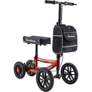 Knee Scooter, 300lbs Capacity, 13" Big PU Seat, Disc Brake Knee Walker, All Terrain Foldable Knee Scooter Walker with Bag for Foot Injuries Compact Crutches Alternative (Burgundy) (Red)