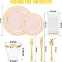 GATHER 700PCS Pink Plastic Plates - Gold Rim Disposable Plastic Dinnerware Set Include 200 Pink Plates, 300 Silverware, 100 Napkins, 100 Cups for Party & Wedding & Mother's Day
