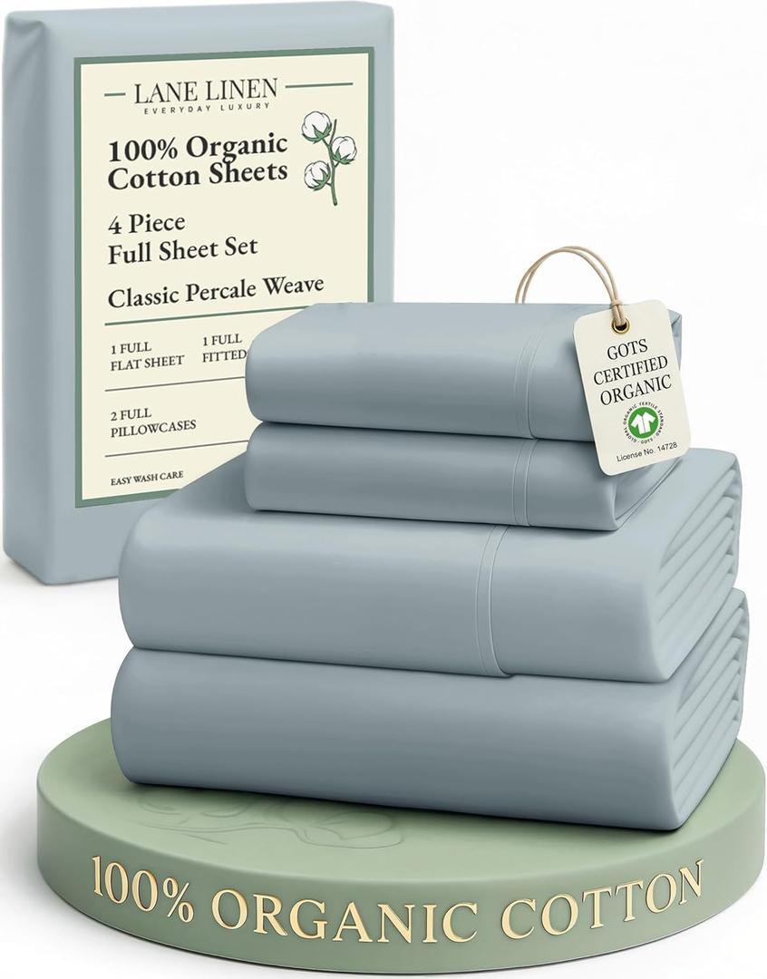 LANE LINEN 100% Organic Cotton Full Sheets Set 4-Piece Pure Percale Soft Bedding Breathable Fits Mattress Upto 15" Deep - French Blue