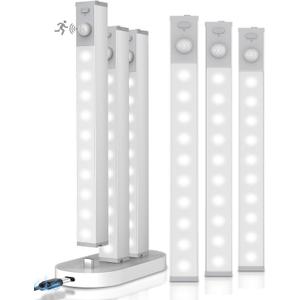 6 Pack Led Under Cabinet Lights Wireless with Charging Station, 7 Rechargeable Motion Sensor Light Indoor, Dimmable Closet Lights for Cabinets, Bookshelf, Stair, Hallway (Cold White)