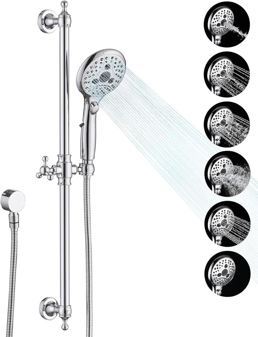 Handheld Shower Head with Slide Bar Combo, 6 Settings Handheld Shower with ON/OFF Pause Switch, Adjustable Height 27.5" Long Slide Bar, Round Wall Supply Elbow and 6.6ft Shower Hose, Chrome