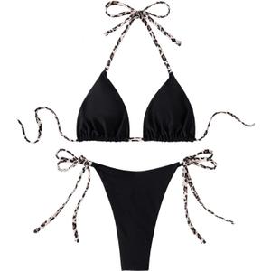 MakeMeChic Women's Halter Triangle Thong Bikini Sets High Cut Swimsuit Bathing Suit Swimwear (Black Leopard)