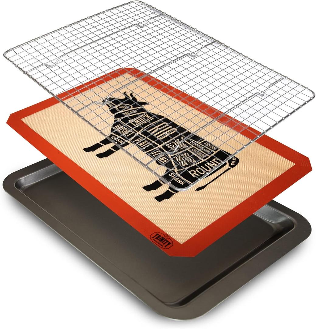 Trinity Provisions Meat Resting Pan - With Wire Rack and Silicone Baking Mat - Dishwasher and Oven Safe Stainless Steel, for Cooking and Cooling Steak, BBQ, Bacon, & More (9" x 13")