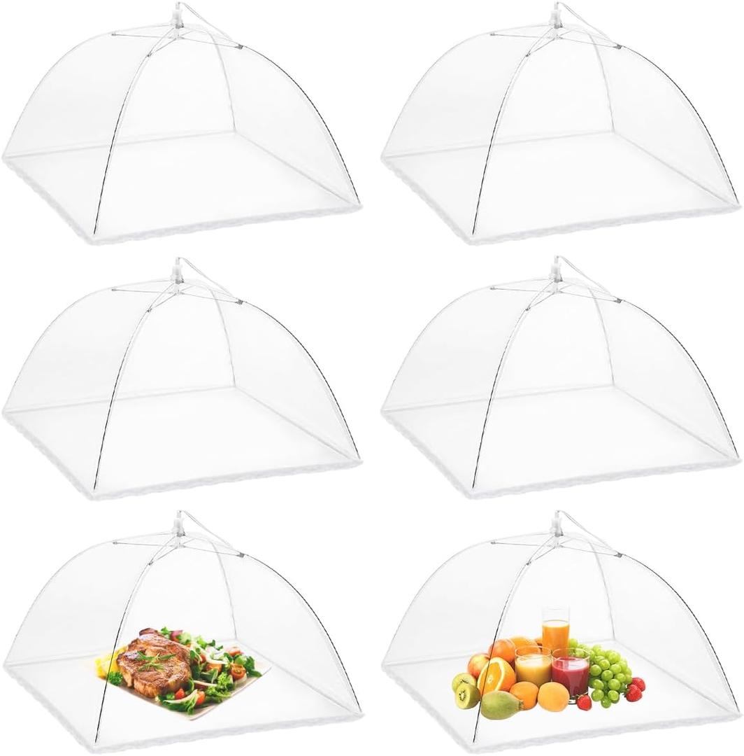 Onarway 6 Pack Food Covers 17 Inch Pop-Up Encrypted Mesh Plate Serving Tents, Fine Net Screen Umbrella for Outdoors, Parties, Picnics, BBQs, Reusable and Collapsible (White)