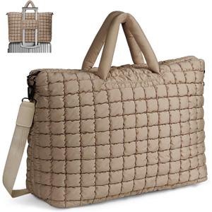 Quilted Duffle Bag for Travel, Large Puffer Duffel Weekender Bags Soft Gym Tote, Big Puffy Carry on Luggage Overnight (Khaki)