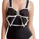 FLAXMAKER Black and White Swimsuit Bow-tie Decor One Piece Bathing Suit Small