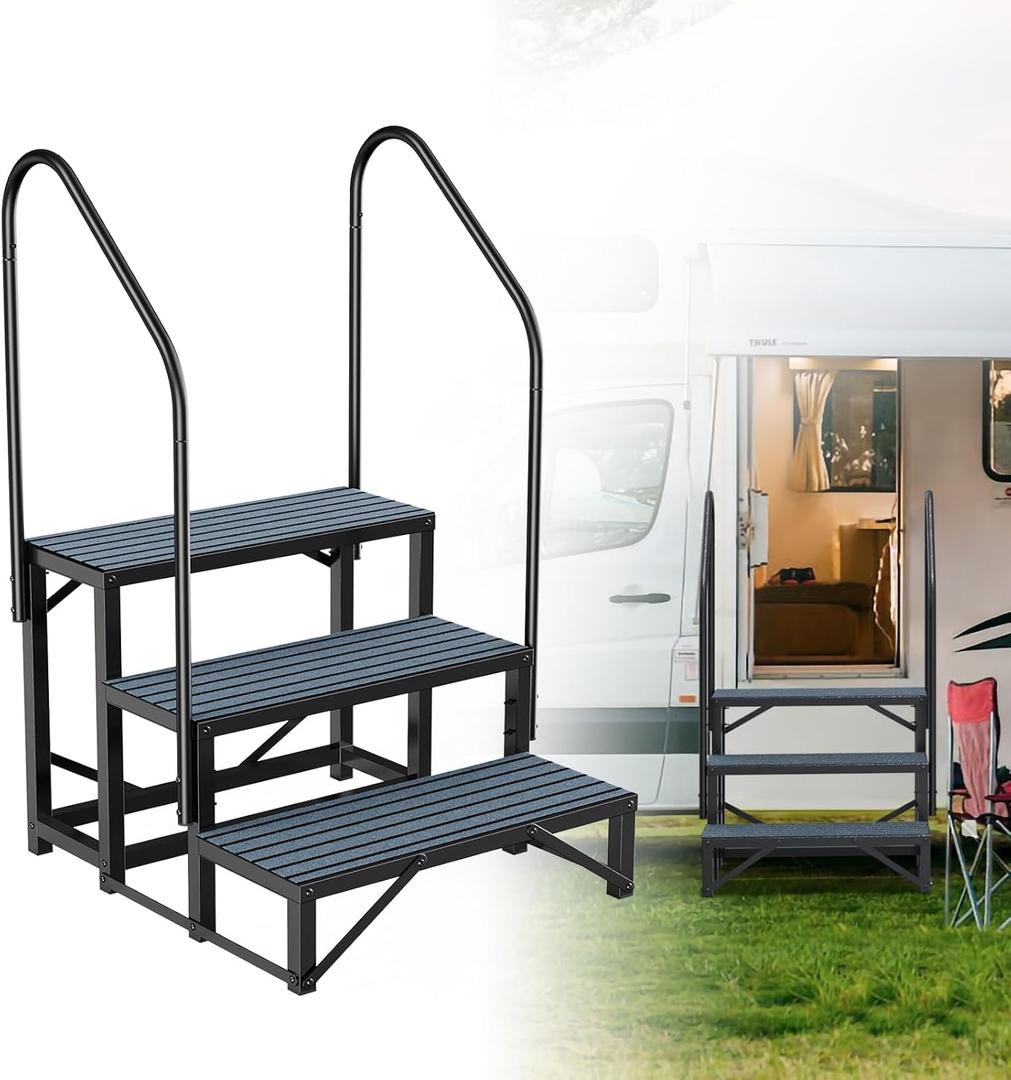 Rv Steps with Handrail 3 Step,Hot Tub Steps with Anti-Slip Mats,Heavy Duty Metal Mobile Home Stairs,Camper Steps for Travel Trailer,Portable Step Ladder for Spa,Pool and Porch Black