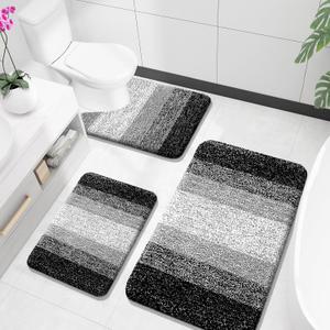 OLANLY Bathroom Rugs Sets 3 Piece, Soft Absorbent Microfiber Bath Mats and U-Shaped Contour Toilet Rug, Plush Shaggy Bath Mat Set for Bathroom (36"x24"+24"x16"+24"x20", Black)