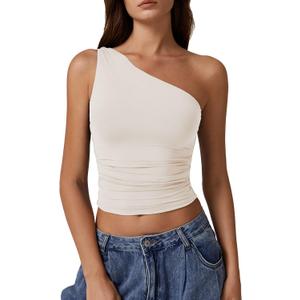 QINSEN Women's One Shoulder Tank Tops Double Lined Sleeveless Slim Fit Cropped Tee Shirt Y2k Tops (Beige)
