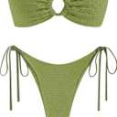 ZAFUL Women's Bandeau Bikini Strapless O Ring Lace Tie Back High Cut Two Piece Swimsuit Bathing Suits, L, Green