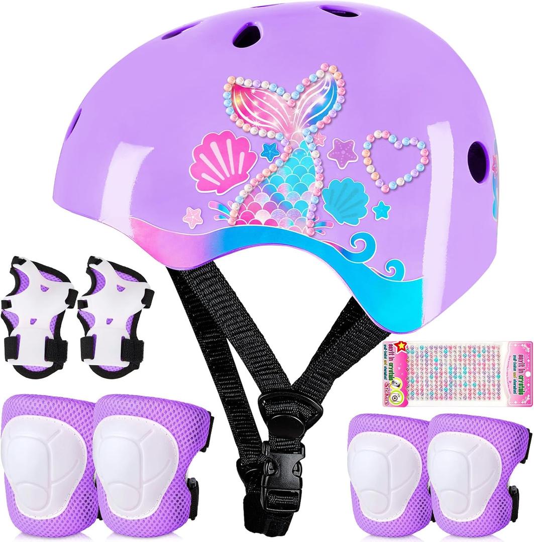 Toddler Bike Helmet Kids Helmet Knee Pads and Elbow Pads Set Adjustable Protective Gear Set with DIY Stickers for Girls Age 3-5-8 Years, S