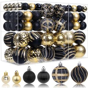 100ct Christmas Ball Ornaments Set, Black and Gold Shatterproof Hand-Painted Hanging Baubles Decoration Bulk for Xmas Tree, Wreath, Garland, Home Holiday Decor