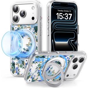 for iPhone 17 Pro Case with MagSafe Stand Ring for Women, Cute Clear Floral Design with 360 Kickstand Holder Magnetic Shock Proof Heavy-Duty Protection Blue Flower