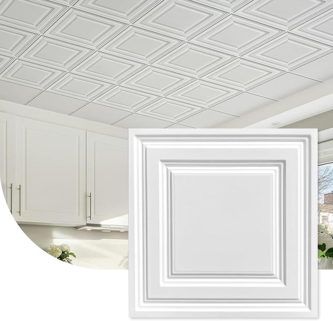 2ft x 2ft White Carved Relief Ceiling Tiles - Drop Ceiling Tile 24 x 24in- Waterproof, Washable and Fire-Rated - Virgin-Grade PVC,Easy Drop-in for 15/16" Grid-Pack of 12 Tiles(48 Sq. Ft), 24.8 x 24.8 x 2.1 inches