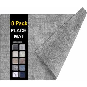 homing Faux Leather Heat Resistant Placemats 8 Packs, Waterproof Wipeable Dining PU Place Mats for Indoor & Outdoor, Easy to Clean, Light Grey