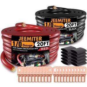 0 Gauge CCA Power & Ground Wire Kit - 40ft Total (20ft Red & 20ft Black) with Terminals & Heat Shrink Tubing | for High-Current Car Amplifier and Audio System Installation