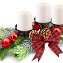 MrMrKura Christmas Centerpiece with 3 Candle Holders, Table Christmas Decorations with Pine Cones Gold Berries Bowknot and Baubles for Dining Home Party (Red)