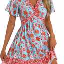 GUBERRY Women's Summer Boho Dress with Pockets V Neck Ruffle Flowy Casual Floral Babydoll Mini Short Sun Beach Dress Large