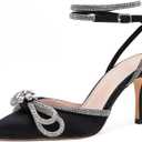 VETASTE Women's Double Bow Pointed Toe Ankle Strap Crystal Pumps Wedding Bridal Party Stilettos Backless Satin Heeled Sandals (8.5, Black)