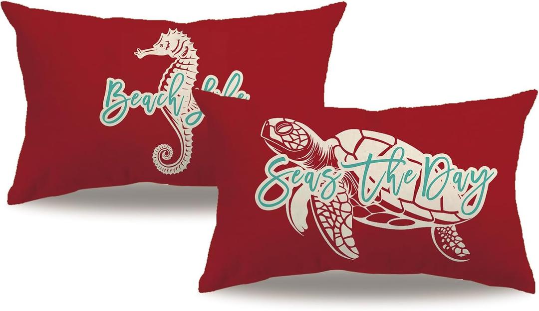 2Pack Ocean Theme Decor Throw Pillow Cover Red Double-sided printed Sea Turtle Seahorse Rectangular/Waist Cushion Cover Summer Coastal Beach Home Decor Pillowcases 12x20 (Red)