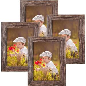 Q.Hou 5x7 Picture Frame Wood Pattern Rustic Brown Photo Frames Packs 4 with High Definition Plexiglass for Tabletop or Wall Decor (QH-PF5X7-BR)