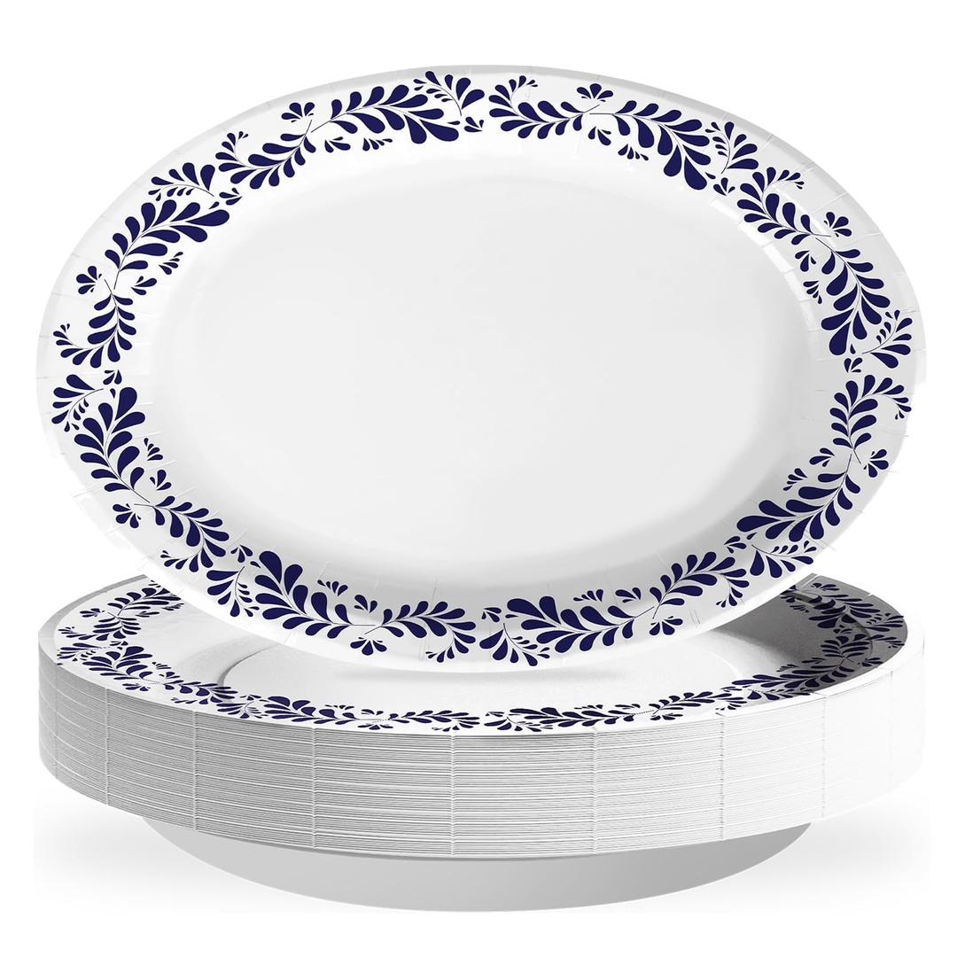 Grencian 100Pcs Mexican Talaver Oval Paper Plates 10" x 12" Large Heavy Duty De Barro Mexicanos Plates White Blue Floral Clay Dessert Platters for Mexican Party Birthday Wedding Party Decoration
