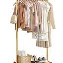 Sakugi Clothes Rack - Clothing Rack with Storage Mesh Shelf & Casters, Heavy-Duty Metal Clothing Rack for Hanging Clothes, Dresses, Coats, Large Load Capacity, Easy Assembly, Gold, 28.0"x16.9"x59.0"