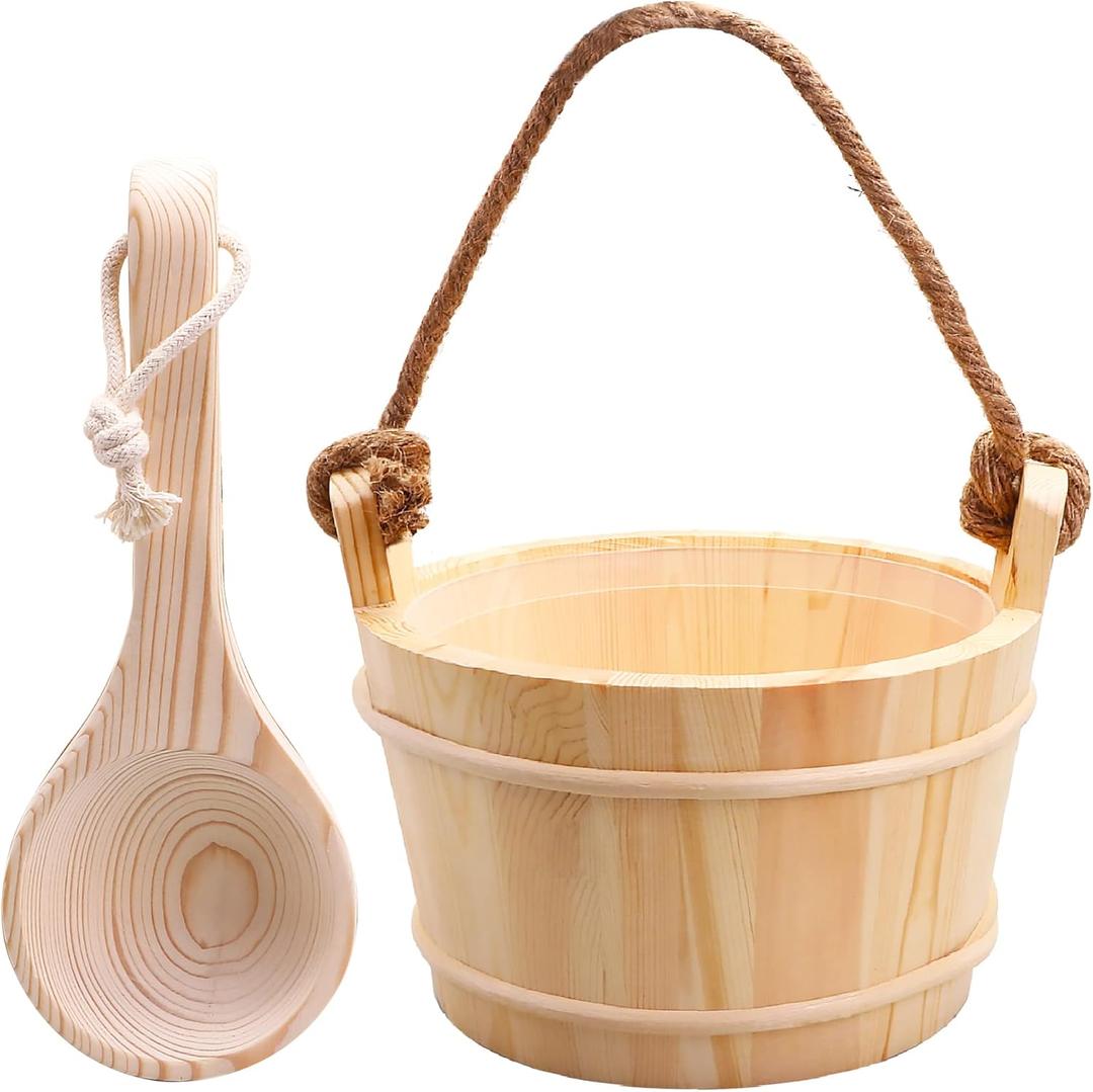 Sauna Bucket and Ladle 5 Liter (1.3 Gallon), Finnish Pine Wooden Sauna Accessories with Handmade Sauna Bucket, Plastic Liner and Rope Handle Sauna Bucket and Ladle 5 Liter (1.3 Gallon), Finnish Pine Wooden Sauna Accessories with Handmade Sauna Bucket, Plastic Liner and Rope Handle