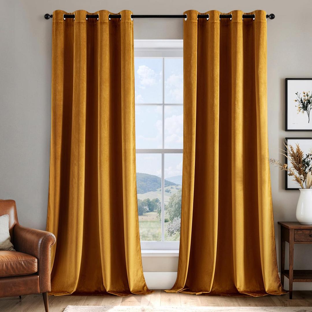 EMEMA Velvet Blackout Curtains 96 inches Long, Super Soft Luxury Thermal Insulated Curtains for Bedroom, Grommet Soundproof Elegant Window Drapes for Living Room W52 x L96 2 Panels Mustard Yellow