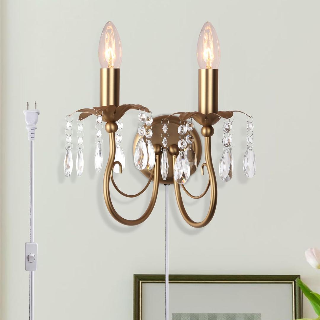Sedelan Plug in Crystal Wall Sconces, Indoor Wall Sconce, 2 Light Candle Sconce, Vintage Plug in Sconce with Crystals for Bedroom Bedside Living Room Stairwell Hallway, Brass, E12