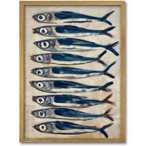 Coastal Sardine Wall Art Framed Nautical Fish Poster Rustic Beach House Wall Decor Kitchen Dining Room Sea Life Painting Vintage Ocean Animal Picture Print (Wood Frame) 12x16Inchs