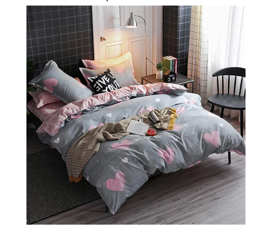 Koudi Kids Girls Duvet Cover Set Twin Pink/Grey Reversible Soft Microfiber Bedding Set Sweet Heart and Pink White Plaid Bedroom Comforter Cover for Teen Girls 3pcs