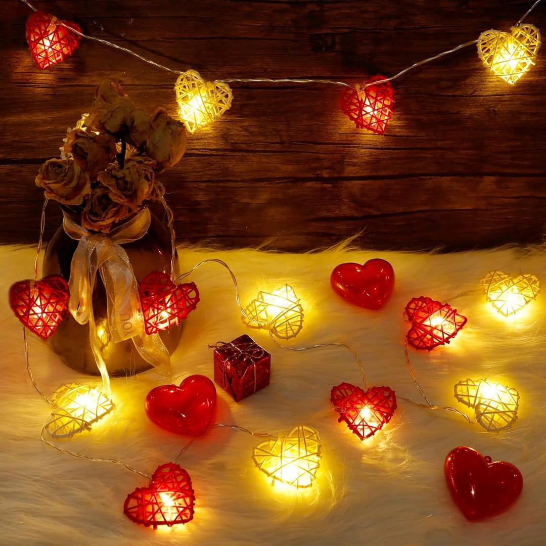 Happy Trees Valentine String Lights, 10 FT 20 LED Heart Shape String Light, Fairy Lights Battery Operated Timer, Valentines Garland Valentine Decor for Indoor Outdoor Wedding Anniversary Holiday Party (Red & White)