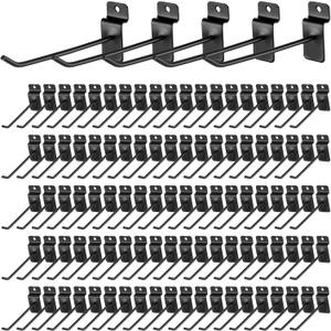 Blulu 200 Pcs 6 Inches Slatwall Hooks Accessories Black Slat Wall Hanging Hangers Metal Retail Hooks Shelf Brackets Pegs for Pegboard Garage Display