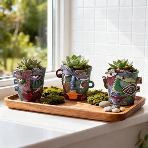Mini Face Planters 3PC Set – Unique Resin Art Flower Pots for Succulents, Cacti & Small Plants – Decorative Funny Plant Pots for Indoor & Outdoor, Face Planter Gift, Picasso‑Inspired
