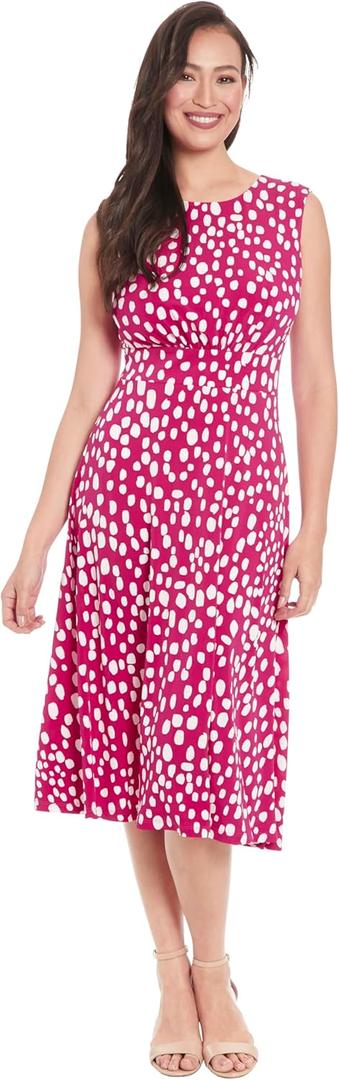 London Times Women's Sleeveless Inset Waist Midi Fit and Flare Dress (10 Petite, Magenta/Soft White)