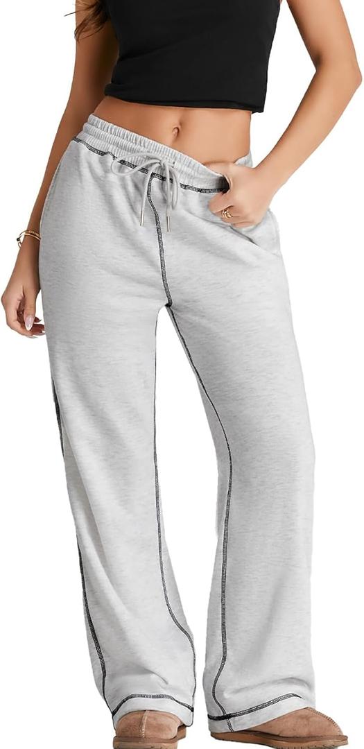 Herseas High Waisted Sweatpants for Women 2025 Fall Wide Leg Contrast Stitching Drawstring Loose Lounge Jogging Pants (Gray, S)