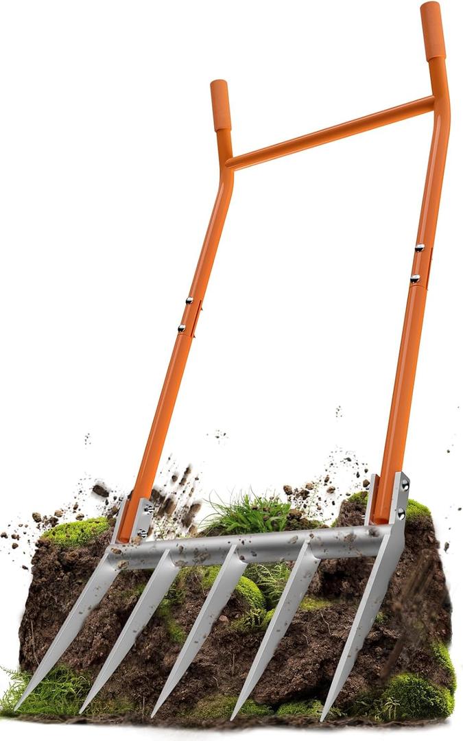 VASALAID Broadfork 5-Tine Broad Fork for Gardening Ergonomic U-Shaped Design Heavy Duty Broadfork Tool for Gardening Cultivating Farm Garden Digging Crushing Aerate Soil (Patent Pending)