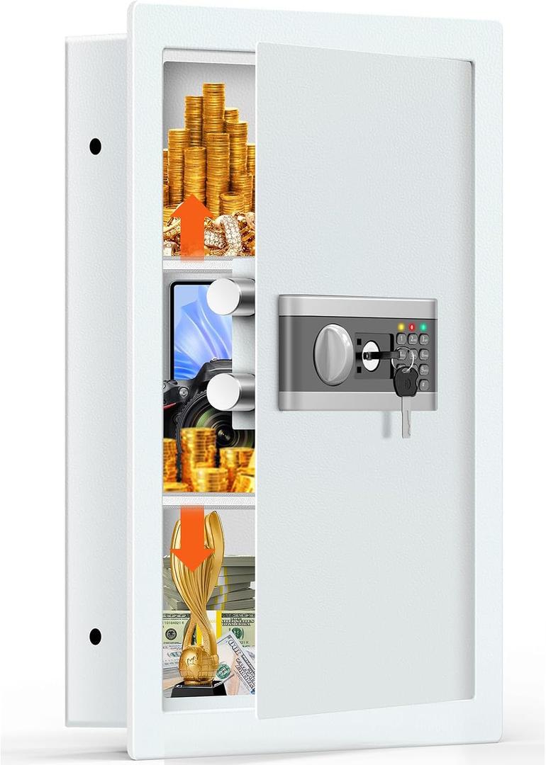 25.6" Tall Fireproof Wall Safes Between the Studs 16" Centers, Hidden Wall Safe with 2 Removable Shelf & Hidden Tray, Heavy Duty Wall Mount Safe for Money, Jewelry, Passport, Valuables(White)