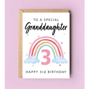 PTDShops Happy 3Rd Birthday To A Special Granddaughter Card - Rainbow Cute Card - Granddaughter's Third Birthday - Age 3 - Three Year Old - Getting Card - Gifts For Granddaughter From Grandparents