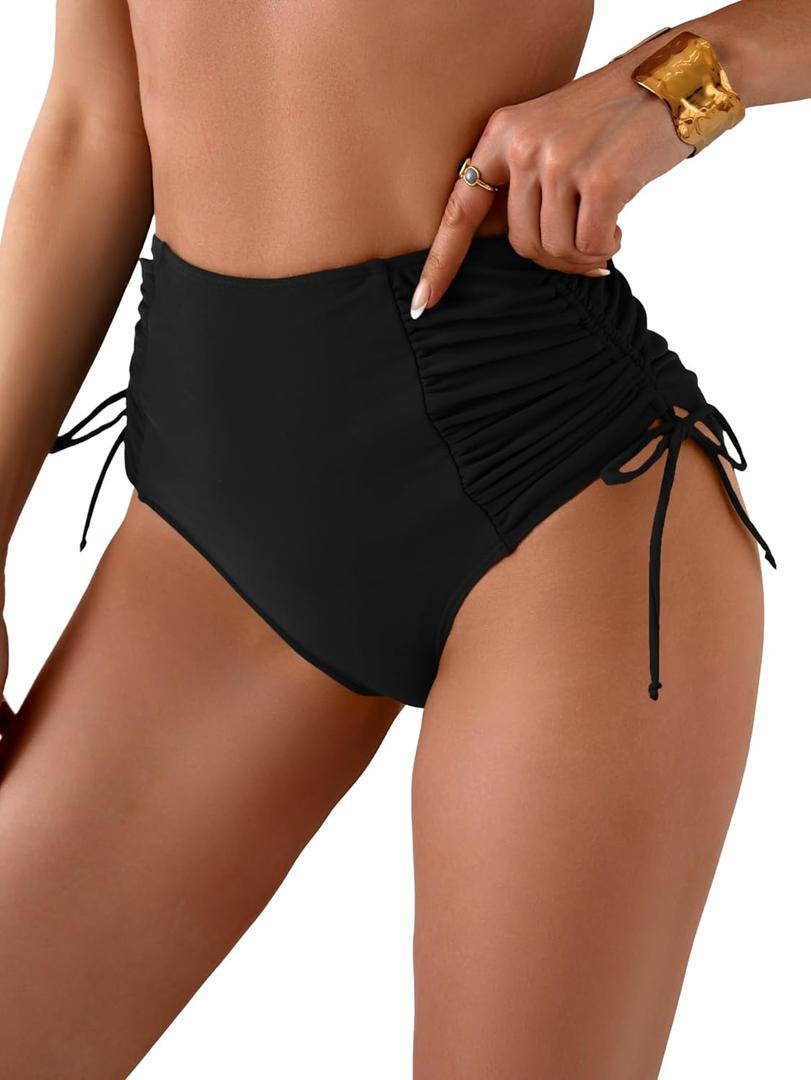 Eomenie Women's High Waisted Swimsuit Bottom Tummy Control Ruched Bikini Bottoms Side Tie Bathing Suit Swim Bottom (Black) XL
