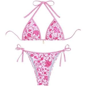WDIRARA Women's 2 Piece Boho Swimsuits Floral Print Halter String Triangle Bikini Set Beach Bathing Suit Size M