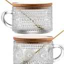 Gezzeny Vintage Glass Coffee Mugs with Wooden Lids 14 Oz Set of 2 Embossed Tea Cups for Cappuccino, Latte, Cereal, Beverage Christmas Thanksgiving Day Gifts