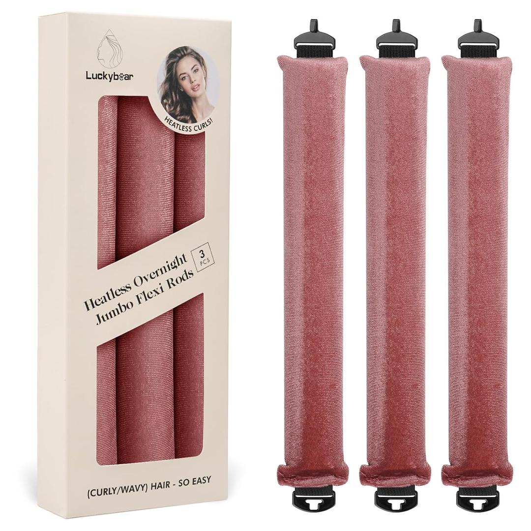 Luckybear Heatless Hair Curlers, 3pcs Satin Jumbo Flexi Rods for All Hair Types, Overnight Sleeping Curls Styling Tools, Dark Pink