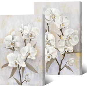 DuoBaorom 2 Pieces White Orchid Wall Art Zen Floral Picture for Spa Yoga Room 16"x24"