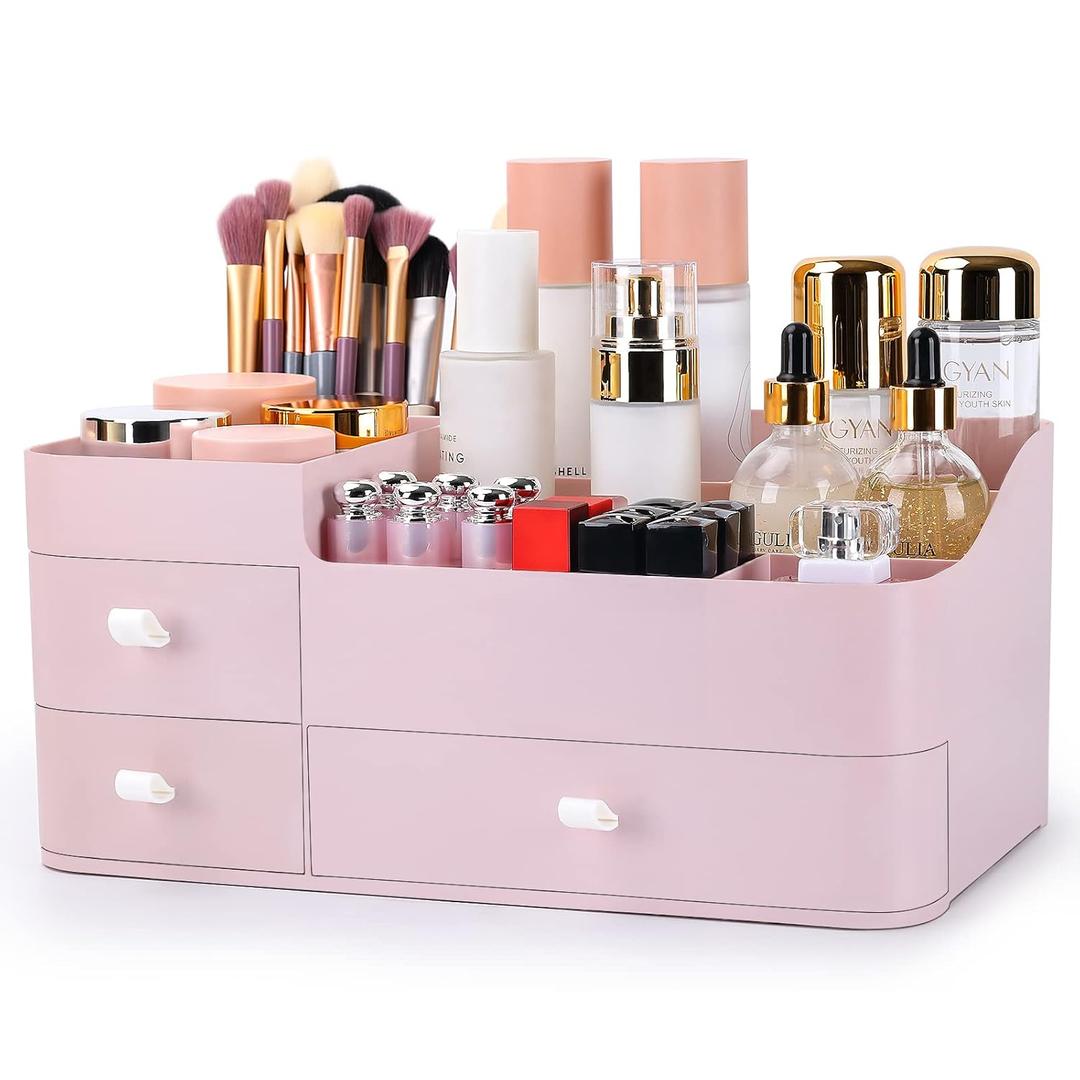 ONXE Makeup Organizer with Drawers,Large Capacity Countertop Organizer for Vanity,Bathroom and Bedroom Desk Cosmetics Organizer for Skin Care,Brushes, Eyeshadow, Lotions, Lipstick, Nail Polish (pink)