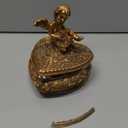Vintage Box Antique Trinket Organizer Rings Earrings Storage Gilded Heart Shape Box With Sophisticated Floral Decor And Cherub Figurine Playing The Harp Lid Keepsake Gift (Antique Gold-Heart)
